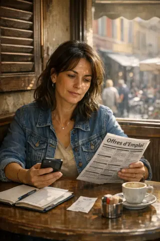 A woman sits alone at a café table in Nice, thoughtfully reviewing job listings by the window with street life softly blurred outside, suggesting a moment of career transition.