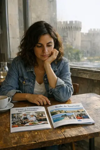 Young woman in a sunlit Avignon café, thoughtfully studying training brochures, with city wall visible through the window.