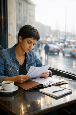 Woman in a Marseille cafe reviewing documents, natural light, city outside window blurred, mood of reflection