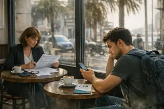 Two people in a Marseille café, separately reflecting on documents and a phone, with daylight streaming in and city life outside.