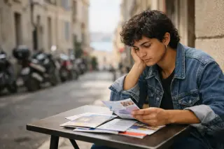Young adult reviewing training brochures alone at a café table on a Marseille side street, absorbed in thought, with muted city background and natural daylight.