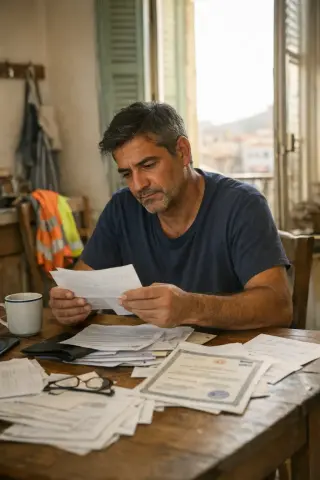 Middle-aged person in a Marseille apartment, focused on documents at a kitchen table, sunlight streaming through open window, hints of various professions in the room.