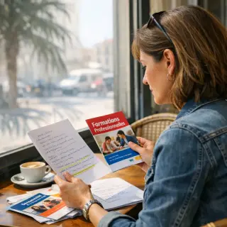 A woman in her 40s looks over notes and brochures about training in a sunlit Marseille café, seen from behind with city light and palm shadows in the background.