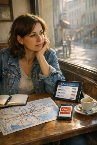 Woman in a Marseille café looking thoughtfully at a map and digital job offers, bathed in gentle morning light, reflecting on her career transition.