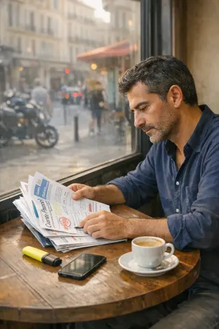 Middle-aged man in a Marseille café studies training brochures, natural light coming through window, suburban street blurred in the background, introspective mood.