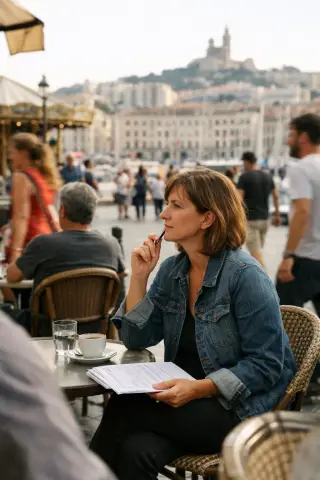 Middle-aged woman with résumé and pen at Marseille café terrace, contemplative amid city life, soft natural light, unposed and realistic.