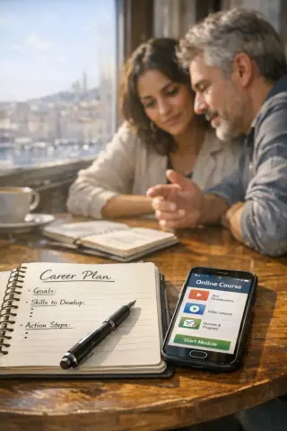 Two adults in a sunlit Marseille workshop quietly preparing for artisan training, focused on documents and tools, in a natural, immersive atmosphere.