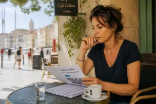 Woman in her 40s sits at an outdoor café in Toulon, reading job brochures with a pensive look, city and port softly blurred in the background, early morning light