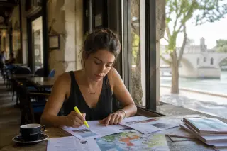 Young woman in a calm Avignon café, mapping job sectors on paper, sunlit, looking thoughtfully at her notes, cityscape softly blurred beyond window.