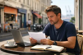 Person in their 30s at a Marseille café terrace, focused on documents and a laptop, with softly blurred city street and Mediterranean light in the background.