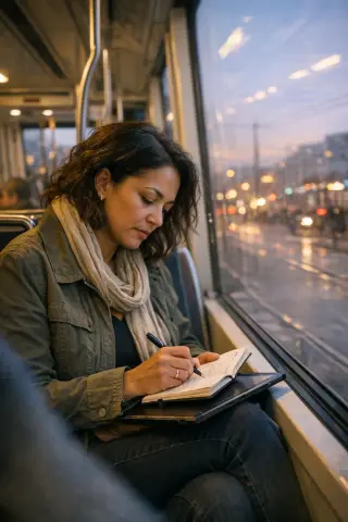 Young woman commuting on an early tram in Marseille, focused on her tablet and planner, illuminated by soft morning light with blurred city reflections in the window.
