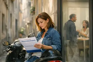 Two adults near a training center in Nice; one reads a folder by a scooter outside, while another speaks to a counselor indoors, scene bathed in soft daylight.
