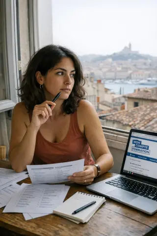 Young Mediterranean woman in a Marseille apartment, thoughtful at her workspace, reviewing CPF training options with urban rooftops in the background.