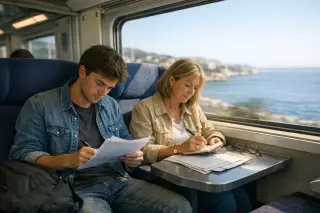 Two diverse adults on a regional train quietly reviewing notes, soft daylight, Mediterranean landscape visible through the window, atmosphere of introspective transition.