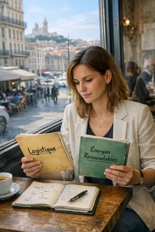 Young woman in a Marseille café, thoughtfully comparing two job sector folders by a window, sunlight and Mediterranean cityscape outside.