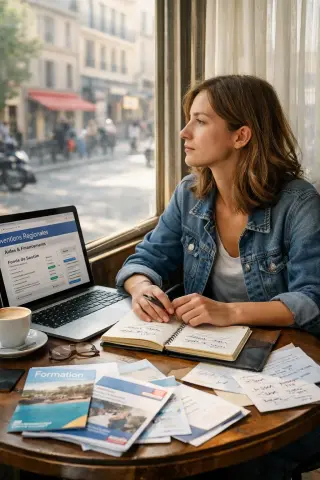 Young woman at Marseille café table reviewing funding brochures and notes, absorbed in thought, with daylight creating a calm, real atmosphere.